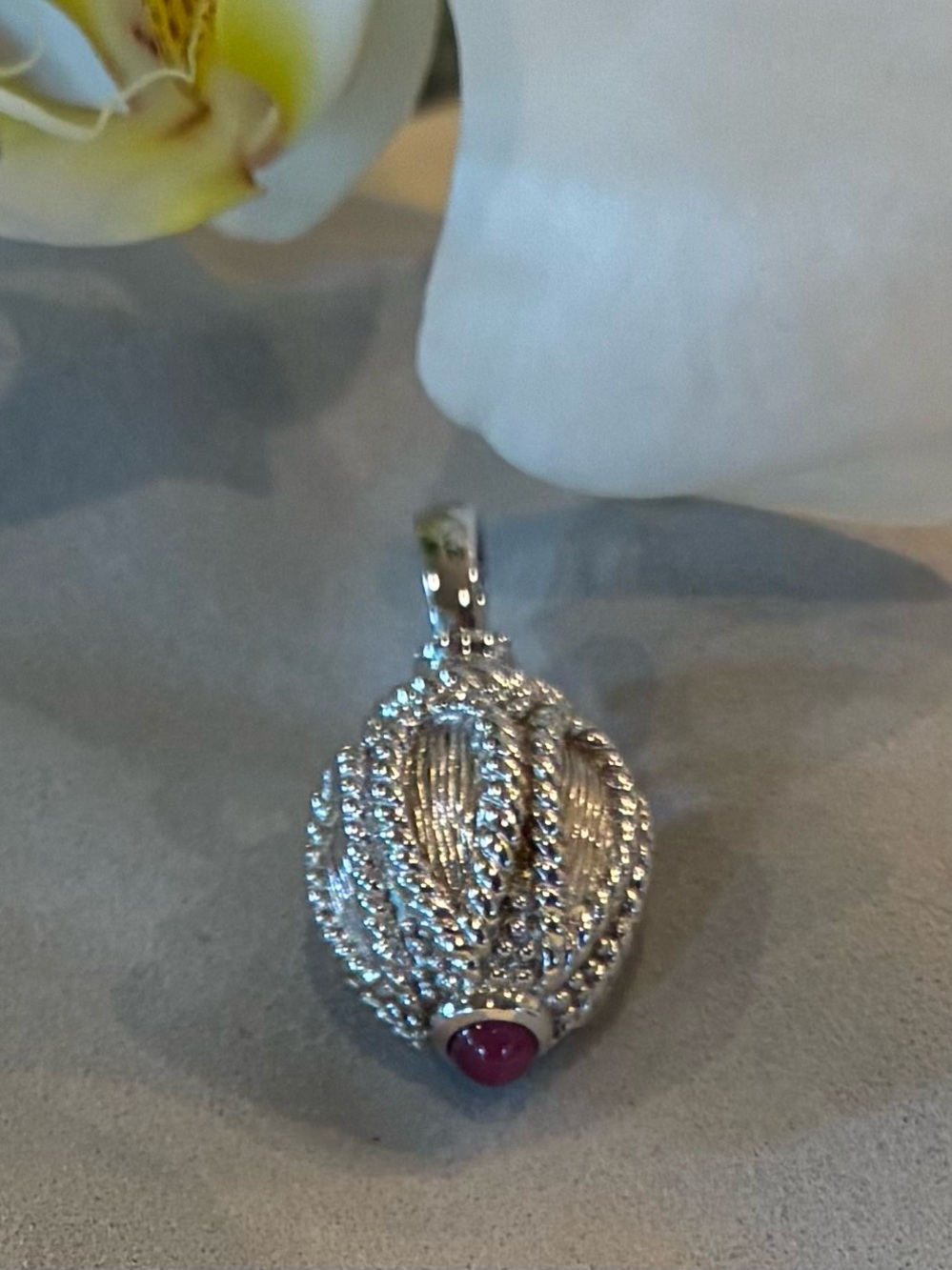 Judith Ripka Sterling Silver Pendant / Enhancer Textured w/ Design & Ruby